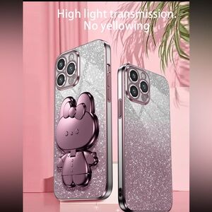 💜 Kickstand Happy Bunny Rabbit Flash Plated Cover Case Shell For ip 15 Pro Max